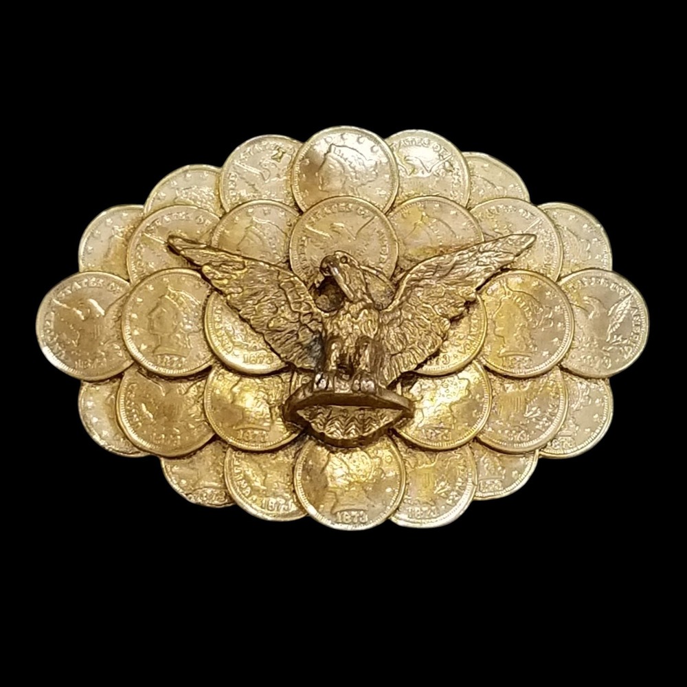 Belt Buckle Vintage Style Eagle 1873 Liberty Coin Replica Gold Tone Scalloped
